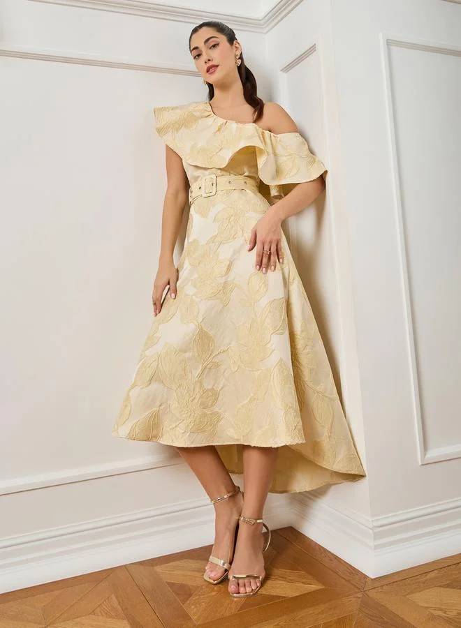 Styli Women Beige Floral One Shoulder A-Line Midi Dress
